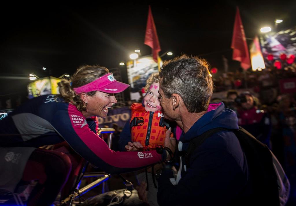 January 27, 2015. Team SCA arrives in Sanya in sixth position, after 23 days of sailing. Carolijn Brouwer meets her family at the pontoon. © Volvo Ocean Race http://www.volvooceanrace.com