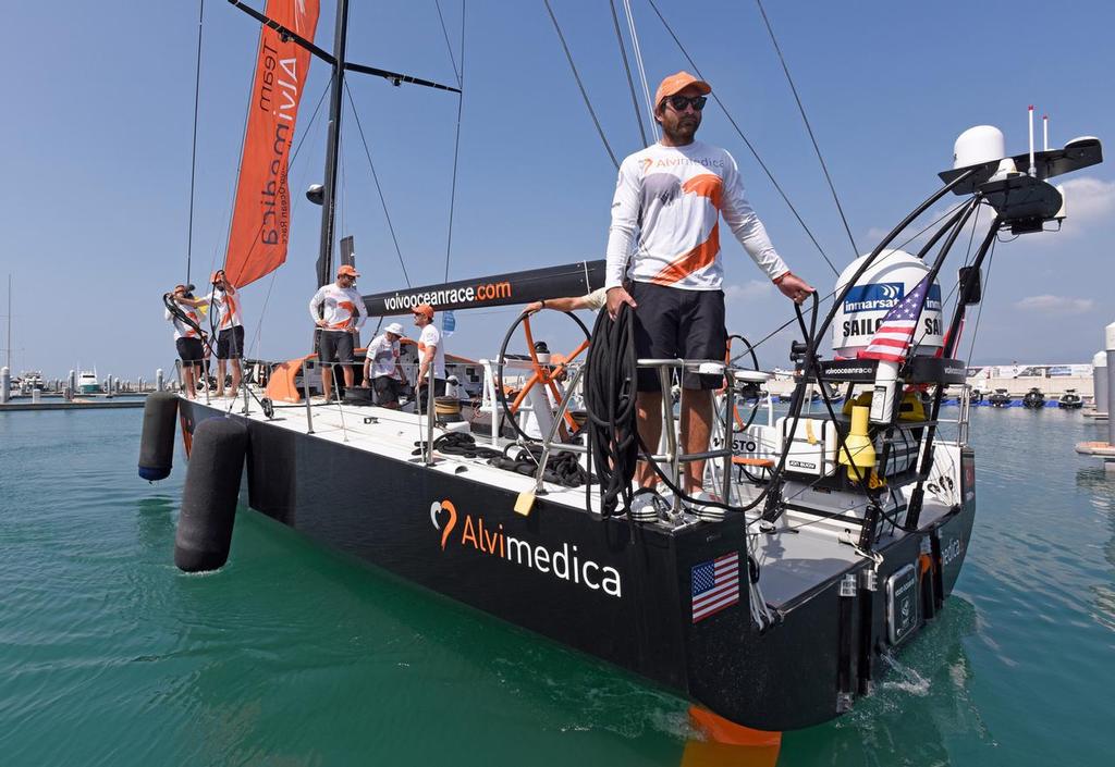 January 27, 2015. Team Alvimedica arrives in Sanya in third position, after 23 days of sailing. Skipper Charile Enright. photo copyright Rick Tomlinson/Volvo Ocean Race http://www.volvooceanrace.com taken at  and featuring the  class