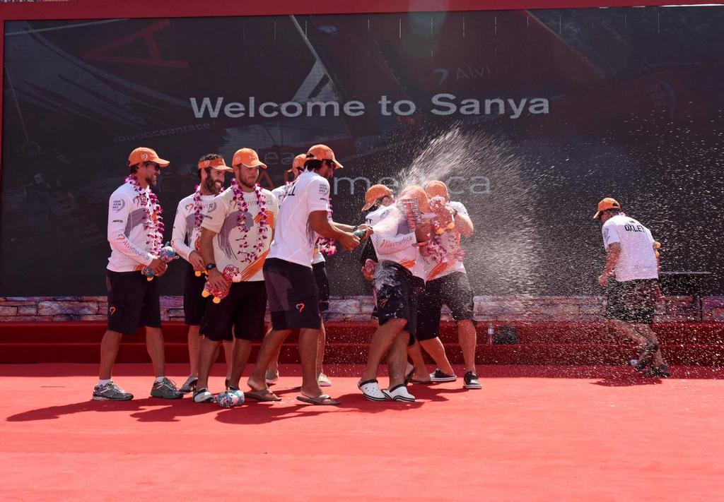 January 27, 2015. Team Alvimedica arrives in Sanya in third position, after 23 days of sailing. The Crew on Stage. photo copyright Rick Tomlinson/Volvo Ocean Race http://www.volvooceanrace.com taken at  and featuring the  class