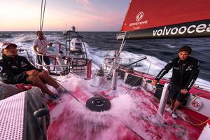 Leg three, Day four - Decision time! - Dongfeng still holding the lead as they approach lighter winds. Key day for Leg 3 as the fleet take the decision when to gybe out to better winds and aim to hit the north east Monsoon winds first - Volvo Ocean Race 2014-15. photo copyright  Sam Greenfield / Volvo Ocean Race taken at  and featuring the  class