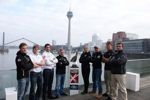 The 2015 Extreme Sailing Series™ Line-Up (from left to right) Stevie Morrison, Skipper, Oman Air; Ian Williams, Co-Skipper, GAC Pindar; Edhem Dirvana, Skipper TeamTurx; Alberto Barovier, Team Manager, Gazprom Team Russia; Sarah Ayton, Tactician, The Wave, Muscat, Roman Hagara, Skipper, Red Bull Sailing Team; Rasmus Kostner, Co-Skipper, SAP Extreme Sailing Team; Giorgio Martin, Team Manager, Lino Sonego Team Italia. photo copyright Jaguar Land Rover Limited taken at  and featuring the  class