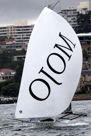 Mojo Wine, winner of Race one NSW Championship - 18ft Skiffs  NSW Championship, Race one  Sunday, 11 January 2015  Sydney Harbour. photo copyright Australian 18 Footers League http://www.18footers.com.au taken at  and featuring the  class
