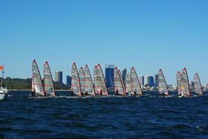 Start line with a Perth city backdrop - ACO Musto Performance Skiff World Championships 2015 in Perth WA. photo copyright Rick Steuart taken at  and featuring the  class