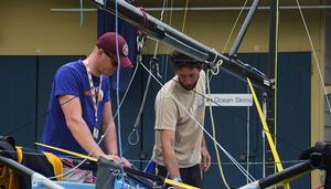 Ben McGrane and James Hughes (GBR) going through the last checks of the replacement mast and all boat equipment prior to the crucial start of Race 6. photo copyright Rhenny Cunningham taken at  and featuring the  class
