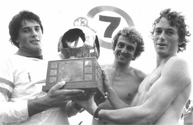 L2R: Iain Murray, Andrew Buckland, Don Buckley hoisting the JJ Giltinan Trophy during their record run! © Michael Chittenden 