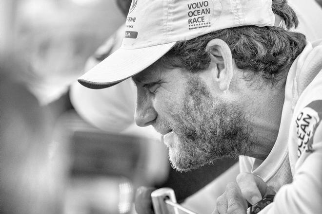 November 5, 2014. Dongfeng Race Team Skipper, Charles Caudrelier, talks to the media after their arrival to Cape Town in second place for Leg 1. Volvo Ocean Race 2014-15 ©  Charlie Shoemaker / Volvo Ocean Race