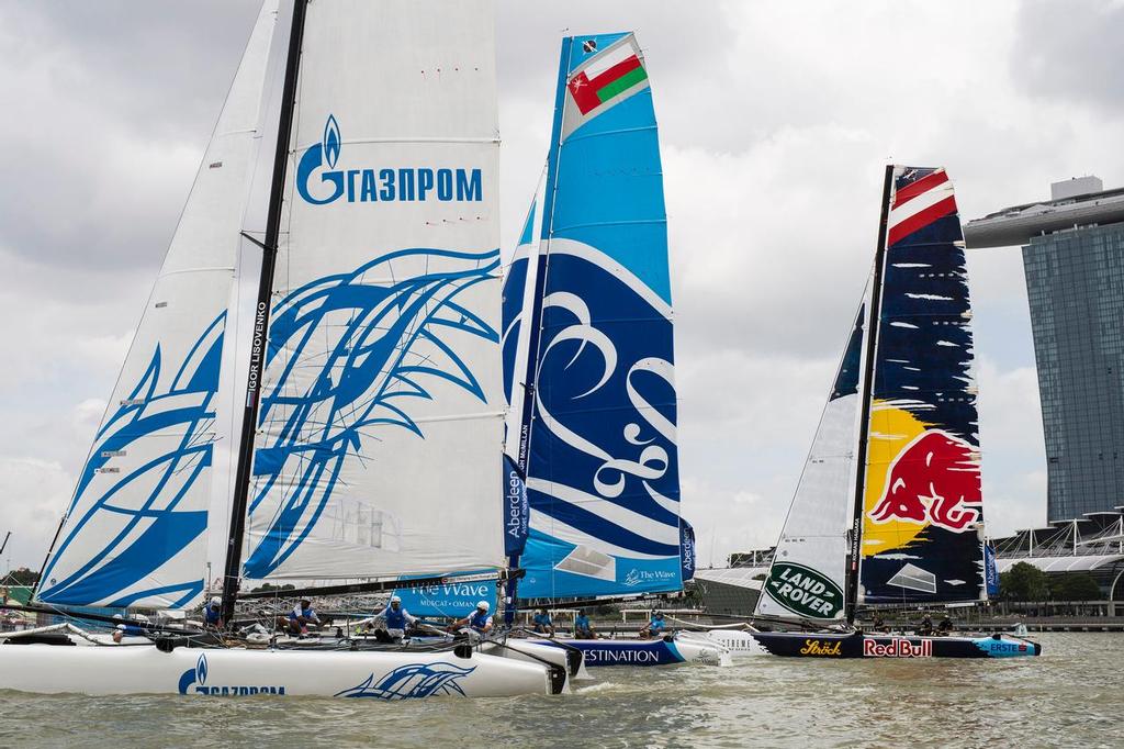 The Extreme Sailing Series 2015, Act 1, Singapore <br />
Gazprom Team Russia, The Wave Muscat and Red Bull<br />
 © Lloyd Images/Extreme Sailing Series