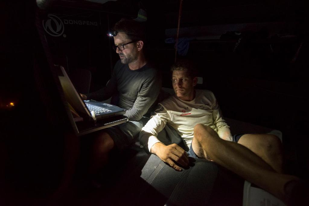 January 10, 2015. Leg 3 onboard Dongfeng Race Team.
Navigator Pascal BidŽgorry & Skipper Charles Caudrelier at the Nav Station. Volvo Ocean Race 2014-15 photo copyright  Sam Greenfield / Volvo Ocean Race taken at  and featuring the  class