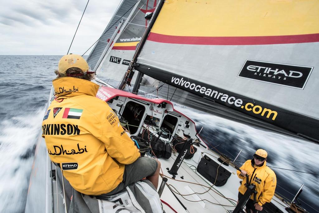 February 26, 2015. Leg 4 to Auckland onboard Abu Dhabi Ocean Racing. Day 18. Luke ``Parko`` Parkinson and Alex Higby have ``Azzam`` on rails as they hunt down Dongfeng 2 nm ahead on the horizon. photo copyright Matt Knighton/Abu Dhabi Ocean Racing taken at  and featuring the  class