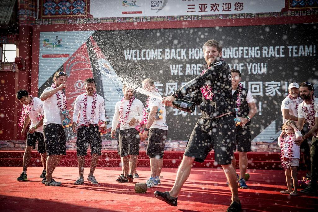 January 27, 2015. Dongfeng Race Team arrives in Sanya in first position, leader of Leg 3 after 23 days of sailing. The crew on the stage. Volvo Ocean Race 2014-15 ©  María Muiña / MAPFRE