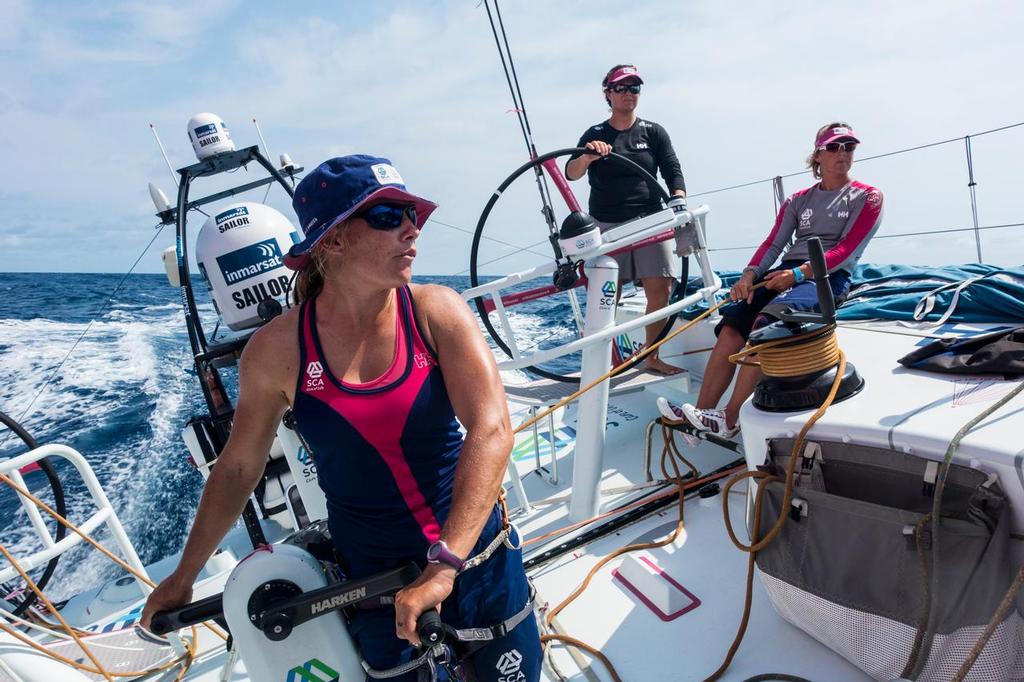 February 24, 2015. Leg 4 to Auckland onboard Team SCA. Day 16. Liz Wardley, Abby Ehler and Sally Barkow. photo copyright Anna-Lena Elled/Team SCA taken at  and featuring the  class