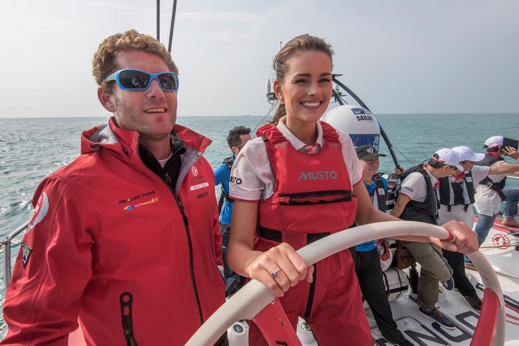 Rolene Strauss, Miss World 2014, helming Dongfeng Race Team with skipper Charles Caudrelier during the Practice Race in Sanya. ©  Sam Greenfield / Volvo Ocean Race