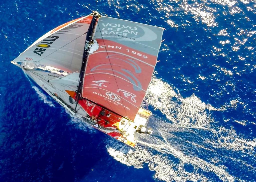 February 20, 2015. Leg 4 to Auckland onboard Dongfeng Race Team. Kevin Escoffer at the top of the rig. The little drone almost couldn't keep up. ©  Sam Greenfield / Volvo Ocean Race