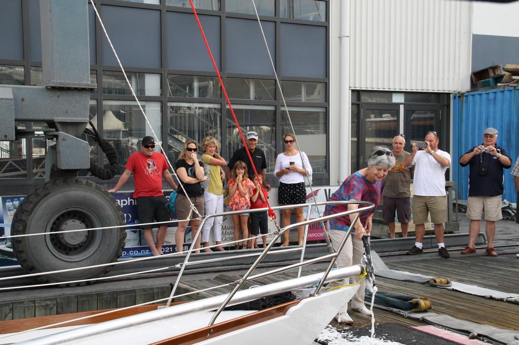 Lorraine Street breaks the Champagne on the spinnaker pole of Rainbow II photo copyright Alan Sefton taken at  and featuring the  class
