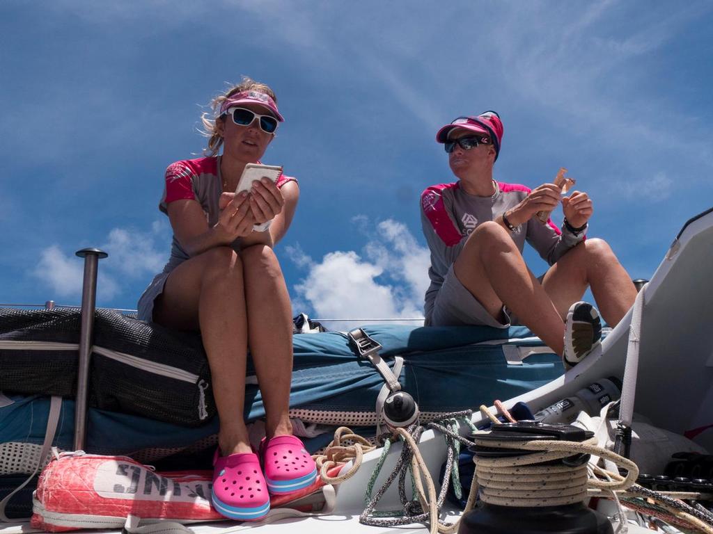 February 20, 2015. Leg 4 onboard Team SCA. Sam Davies giving the latest position report. 