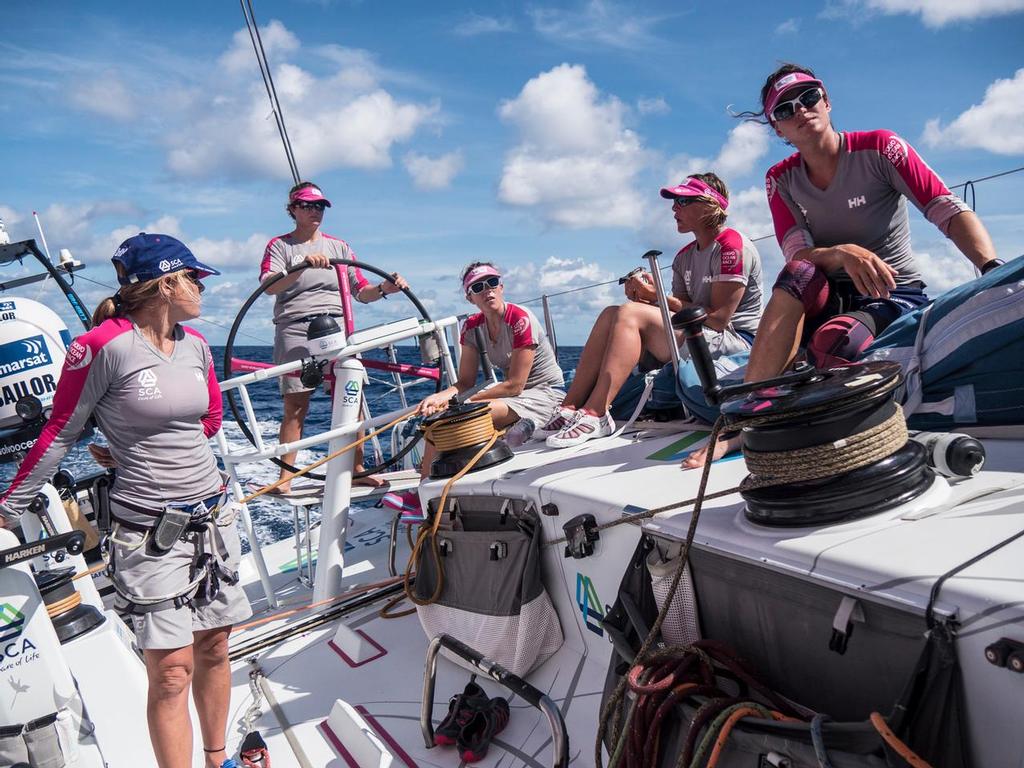 February 21, 2015. Leg 4 to Auckland onboard Team SCA. Day 13. Sally Barkow at the helm. © Anna-Lena Elled/Team SCA