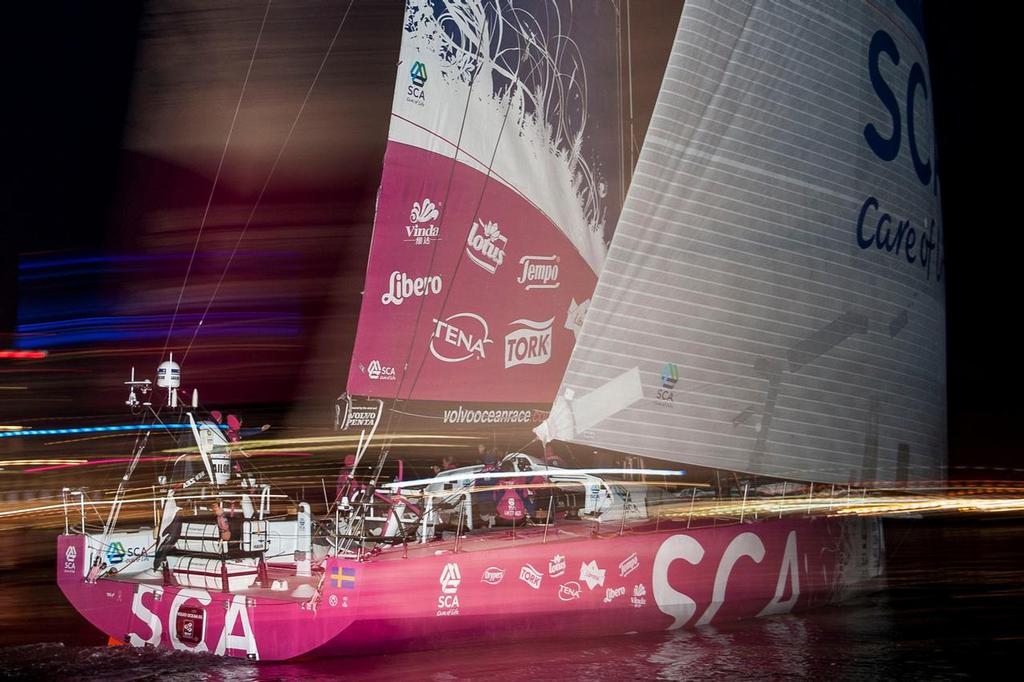 28 February, 2015. Team SCA arrives to Auckland in sixth position of Leg 4, after 20 days of sailing. photo copyright Xaume Olleros/Volvo Ocean Race http://www.volcooceanrace.com taken at  and featuring the  class