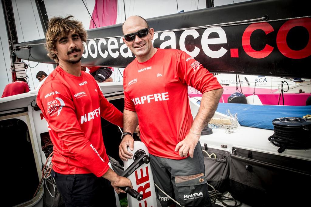 February 2, 2015. Xabi Fernandez shows new crew member, Willy Altadil, who joins ``MAPFRE`` to replace Anthony Marchand for Leg 4. photo copyright Maria Muina / Mapfre http://www.volvooceanrace.com taken at  and featuring the  class