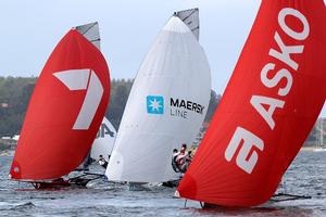 Asko leads Maersk Line and Team Seven down the spinnaker run - 2015 JJ Giltinan 18ft Skiffs Championship, Race 5 photo copyright Frank Quealey /Australian 18 Footers League http://www.18footers.com.au taken at  and featuring the  class