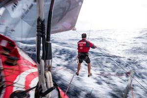 Dongfeng Race Team - Kevin Escoffier, maintenance man on on a wir - Leg 4 to Auckland -  Volvo Ocean Race 2015 photo copyright Sam Greenfield/Dongfeng Race Team/Volvo Ocean Race taken at  and featuring the  class