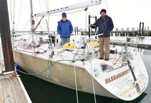 Jason McGlashan and his father, Reg, stand aboard the Sedona in Jamestown last weekend. The two were rescued by the Coast Guard early Sunday morning off the coast of Nantucket - The Newport Daily News photo copyright Dave Hansen taken at  and featuring the  class
