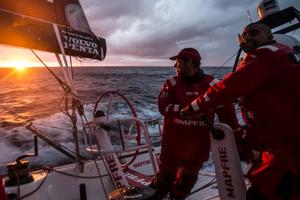 MAPFRE - Beautiful sunset fills the sky; Willy Altadill and Antonio Cuervas-Mons 'eti' just enjoying the moment - Volvo Ocean Race 2014-15 photo copyright Francisco Vignale/Mapfre/Volvo Ocean Race taken at  and featuring the  class