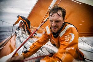 Team Alvimedica - The straight line drag race enters its first full day, always sailing into the stronger winds first. Dave Swete on the bow during a wet sail change off New Caledon - Leg 4 to Auckland -  Volvo Ocean Race 2015 photo copyright  Amory Ross / Team Alvimedica taken at  and featuring the  class