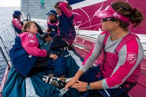 Team SCA - Crew on the bow waiting for the wind to decide if it's going to pick up or completely die - Volvo Ocean Race 2014-15 photo copyright Anna-Lena Elled/Team SCA taken at  and featuring the  class