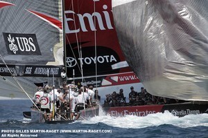 Alinghi and Team New Zealand were the first to use CT-Sailbattens in 2003, in 2007 Alinghi, plus all Challengers used CT-Sailbattens photo copyright Gilles Martin-Raget http://www.martin-raget.com/ taken at  and featuring the  class