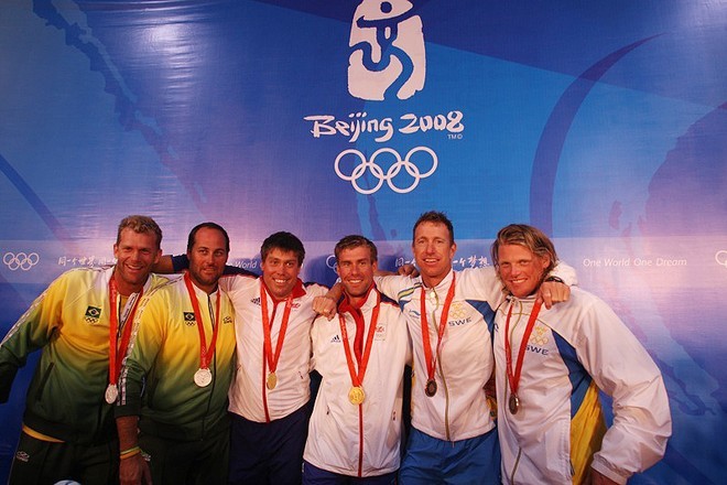 The Star medallists from Qingdao, Star class Robert Scheidt and Bruno  Prada (BRA); Andrew (Bart) Simpson and Iain Percy (GBR); Fredrik Loof and Andres Ekstrom (SWE) © Ingrid Abery http://www.ingridabery.com