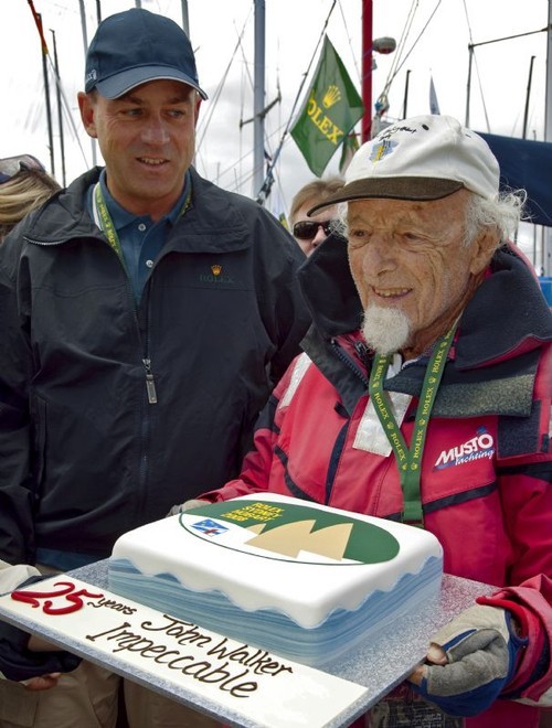 John Walker, onboard IMPECCABLE, is the oldest skipper in the fleet at age 86 with Matt Allen, Commodore Cruising Yacht Club of Australia. ©  Rolex / Carlo Borlenghi http://www.carloborlenghi.net
