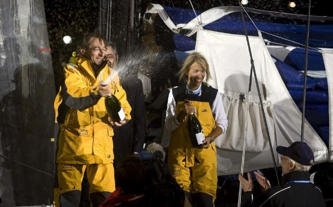 Dominique and Michele spraying Cava after finishing 3rd ©Th.Martinez/Sea and Co/Barcelona World Race © Barcelona World Race http://www.barcelonaworldrace.org