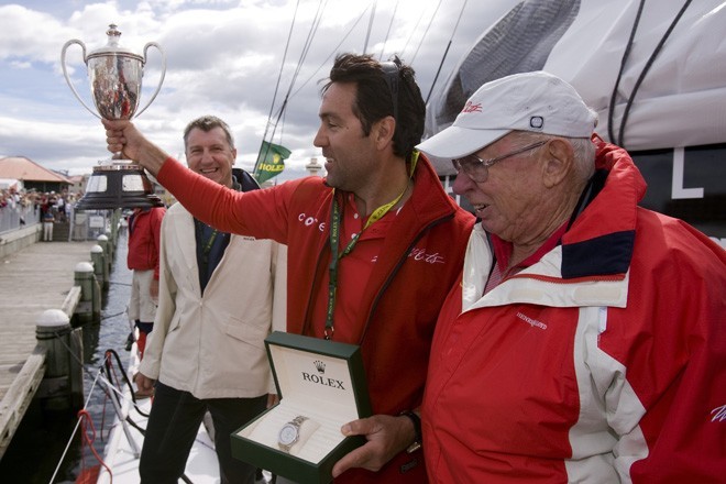 Mark Richards (left) Wild Oats X1 skipper and Bob Oatley (right) owner with the Line Honours trophy. Rolex Sydney Hobart 2008 ©  Andrea Francolini Photography http://www.afrancolini.com/