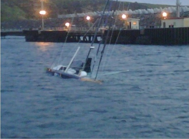 The BT yacht towed into Terceira harbour at the Azores, nearly fully submerged  © BT Sébastien Josse http://www.btsebjosse.com