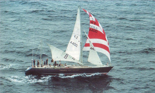 Ceramco from the air nearing Cape Town under jury rig in the 1981-82 Whitbread Race, sailing a course option that may be open to Puma © Ceramco NZ