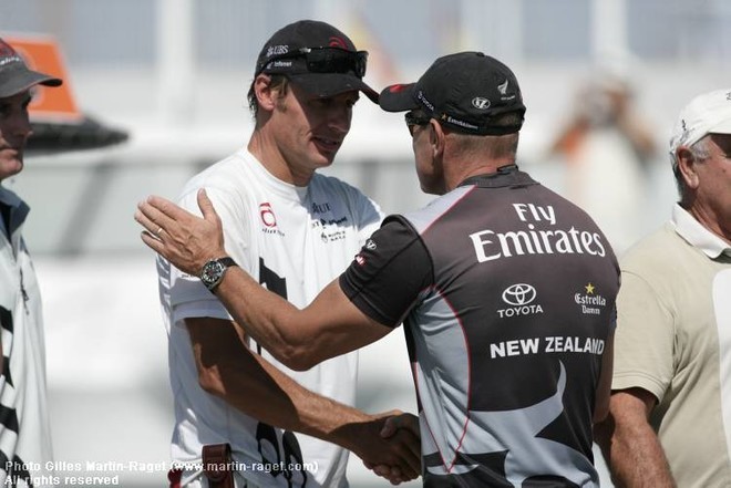 Team NZ's Grant Dalton congratulates Ernesto Bertarelli after the- 32nd America’s Cup  © Gilles Martin-Raget http://www.martin-raget.com/
