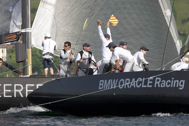 BMW Oracle Racing Team, including Larry Ellison and Russell Coutts, racing against Ceeref, James Spithill (BMW Oracle), winner today of the match racing series in RC 44 Austria Cup on Gmunden (Lake Traunsee, Austria)  © BMW Oracle Racing Photo Gilles Martin-Raget http://www.bmworacleracing.com