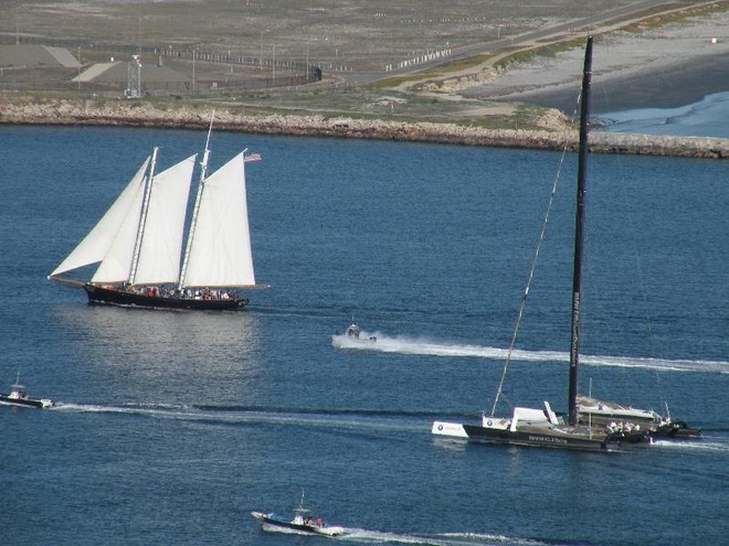 The old and the new...schooner ’America’ and the old BOR90 coming in from a practice. © Warren Allan