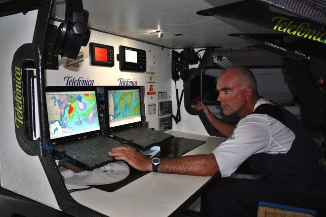 Checking the weather prognosis aboard Telefonica Blue, on leg 6 of the Volvo Ocean Race, from Rio de Janeiro to Boston. PredictWind integrates with iexpedition to for a similar display to that seen here.<br />
 © Gabriele Olivo/Telefonica Blue/Volvo Ocean Race http://www.volvooceanrace.org