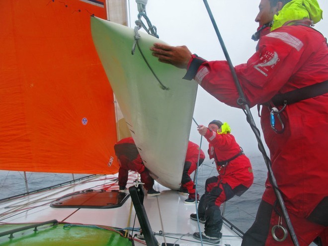 Green Dragon sustain dammage to their leeward, port daggerboard, after hitting a lobster pot, on leg 7 of the Volvo Ocean Race from Boston to Galway © Guo Chuan/Green Dragon Racing/Volvo Ocean Race http://www.volvooceanrace.org