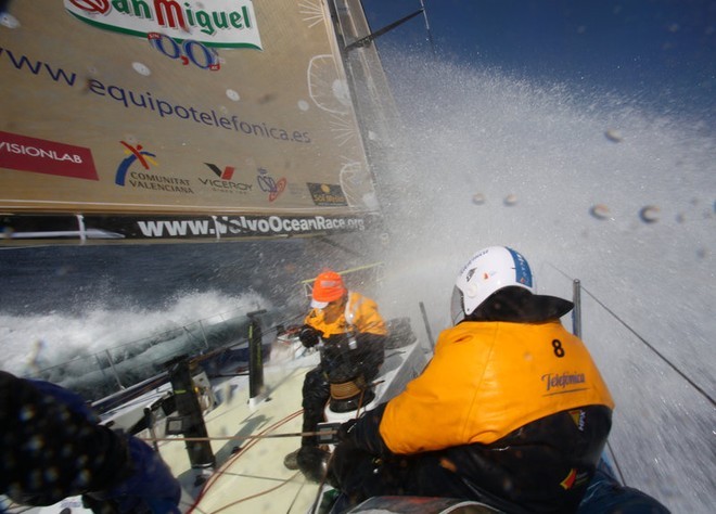 Jordi Calafat and Pablo Arrarte covering themself from an imminent cold shower, onboard Telefonica Blue, on leg 7 from Boston to Galway<br />
 © Gabriele Olivo/Telefonica Blue/Volvo Ocean Race http://www.volvooceanrace.org