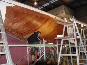 The aft repair area is being cleaned up in preparation for the fifth skin. The woarm glow of the African Mahogany looks too good to paint! photo copyright Richard Gladwell www.photosport.co.nz taken at  and featuring the  class