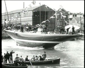 Launch of Endeavour shown in original footage in House of the America’s Cup photo copyright Mediawave taken at  and featuring the  class