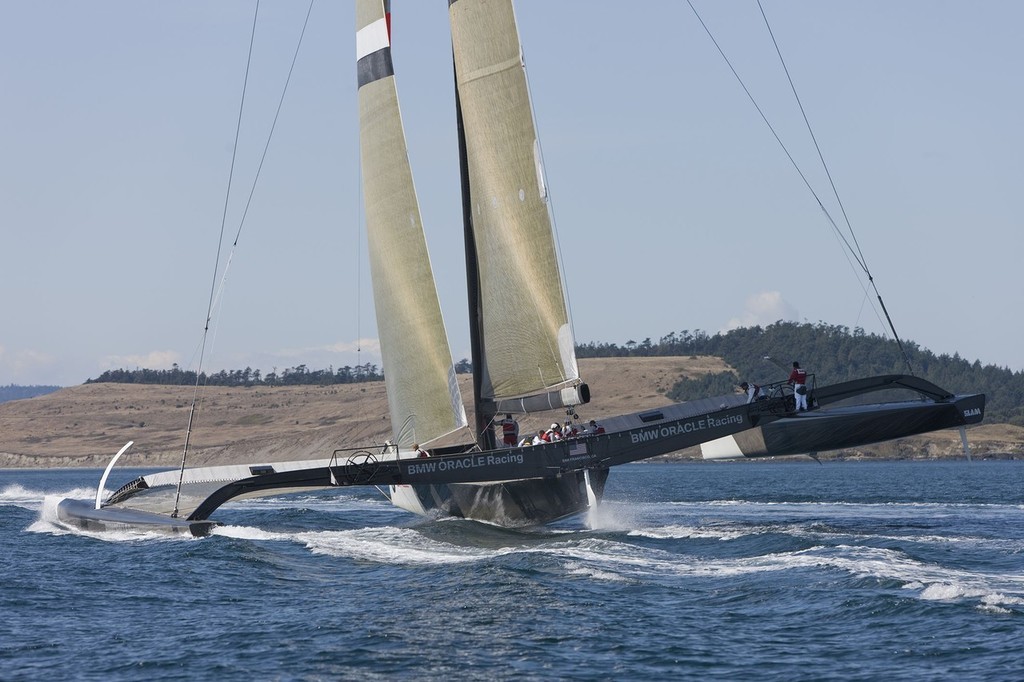 BMW Oracle Racing flies a main hull on Day 3, Anacortes photo copyright BMW Oracle Racing Photo Gilles Martin-Raget http://www.bmworacleracing.com taken at  and featuring the  class
