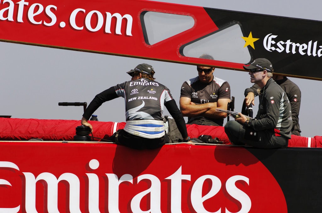 Emirates Team New Zealand crew Mark Mendelblatt, Chris Ward and Terry Hutchinson aboard NZL92 waiting for wind that never comes. 17/4/2007 photo copyright Emirates Team New Zealand / Photo Chris Cameron ETNZ  taken at  and featuring the  class