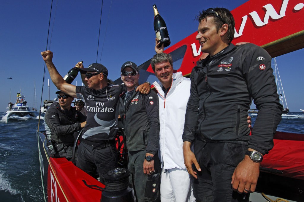 Emirates Team New Zealand MD Grant Dalton, Terry Hutchinson, Yves Carcelle, the President and CEO of Louis Vuitton and Dean Barker aboard NZL92 after their 5 - 0 win of the Louis Vuitton Cup finals. 6/6/2007 photo copyright Emirates Team New Zealand / Photo Chris Cameron ETNZ  taken at  and featuring the  class
