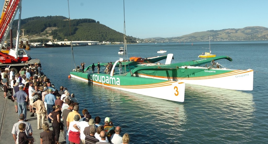 Groupama 3 after being righted in Dunedin, NZ. Photo by Stephen Jaquiery photo copyright Groupama - Franck Cammas http://www.cammas-groupama.com taken at  and featuring the  class