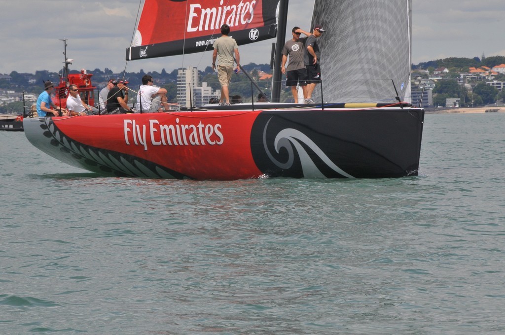 Wetted surface reduction is apparent in this shot of the stern sections - Emirates Team NZ © George Layton
