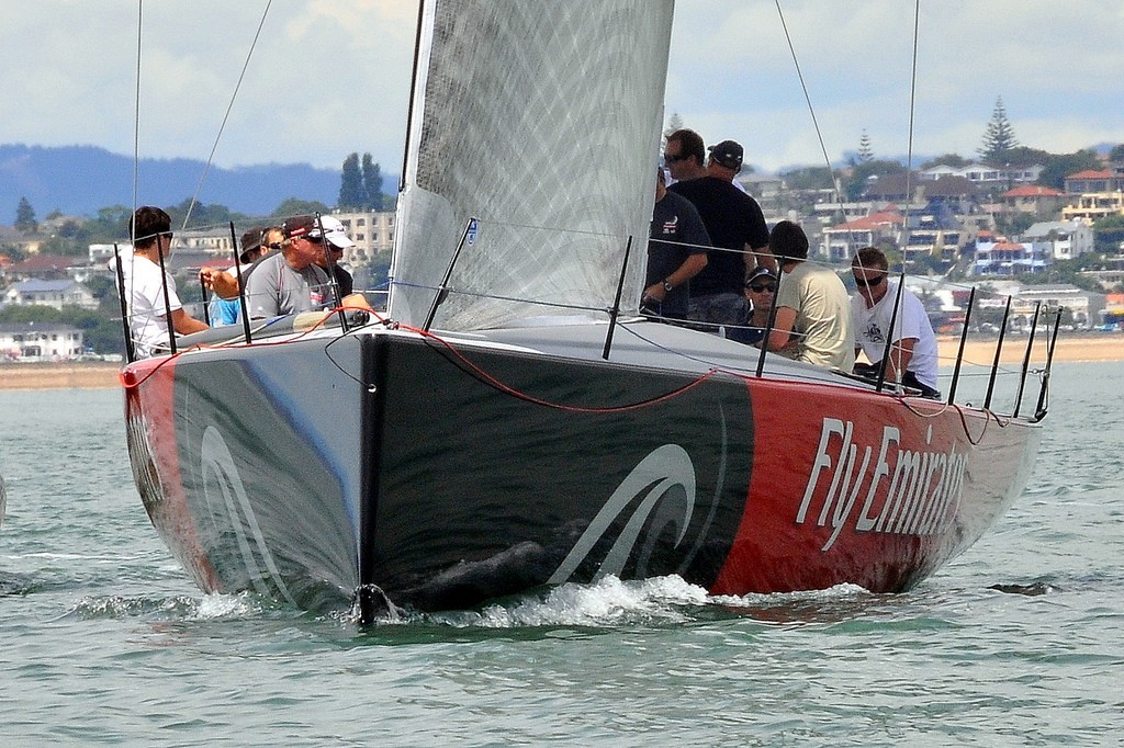 Hull sections can be gauged the starboard side - a combination of drag reduction and form stability when heeled - Emirates Team NZ  © George Layton