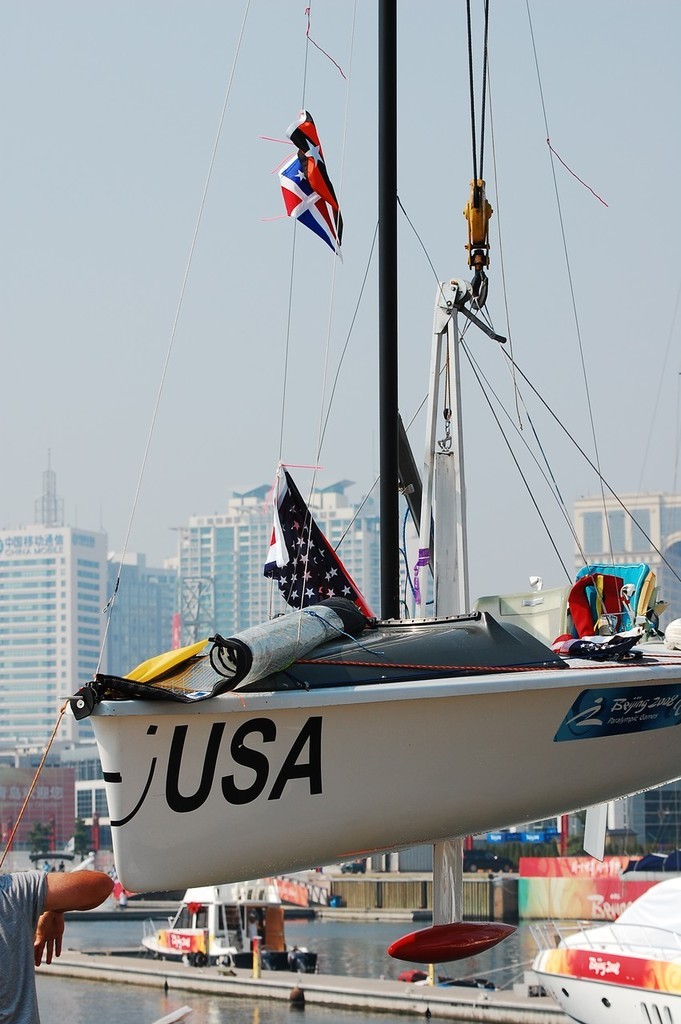 The USA Skud 18 is hauled from the water for the last time - 2008 Paralympics - Qingdao photo copyright Dan Tucker http://sailchallengeinspire.org/ taken at  and featuring the  class